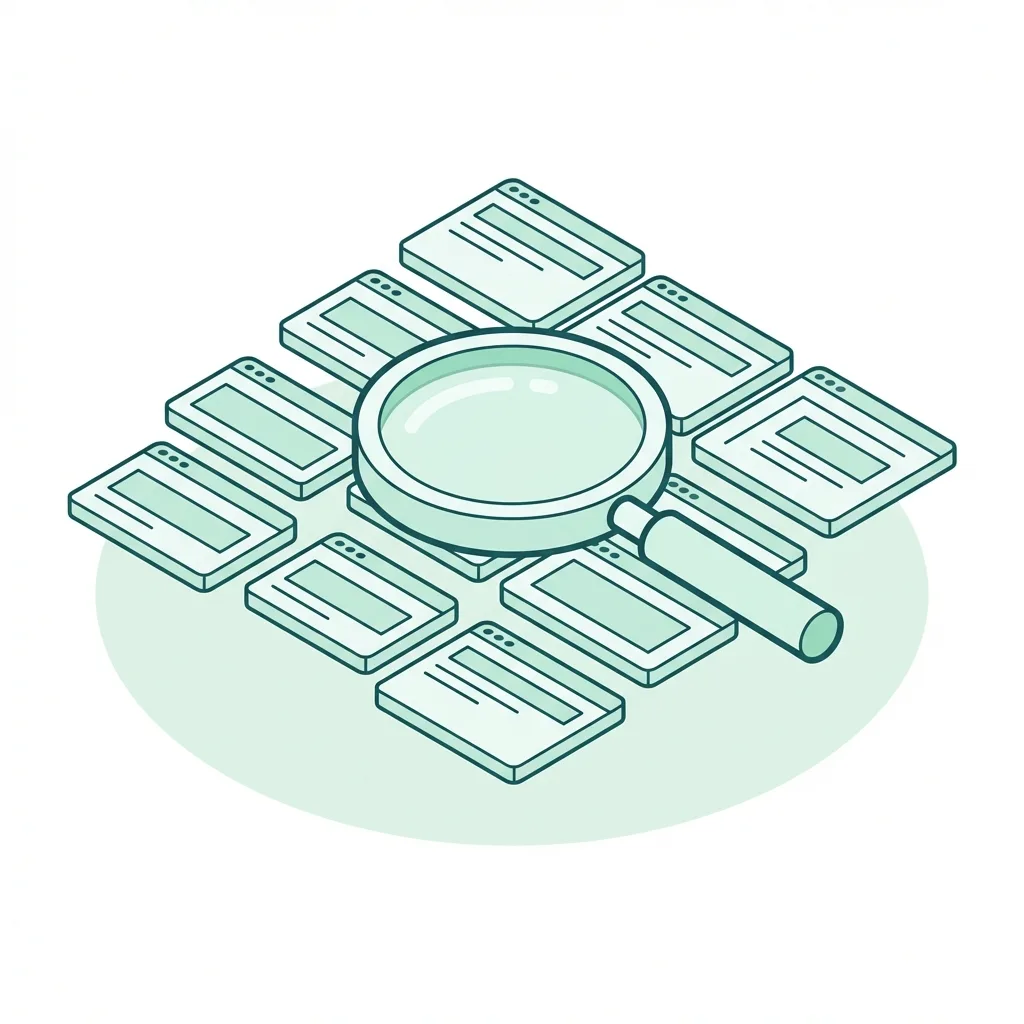 Isometric illustration of browser windows being analyzed with a magnifying glass